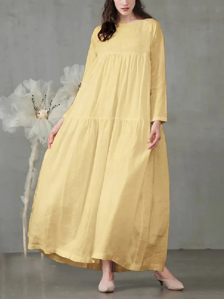 Casual Mustard Yellow Long Sleeve Loose Women Maxi Dress