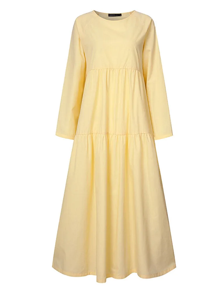 Casual Mustard Yellow Long Sleeve Loose Women Maxi Dress