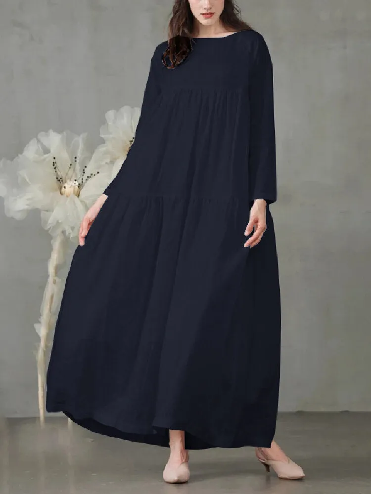 Casual Mustard Yellow Long Sleeve Loose Women Maxi Dress