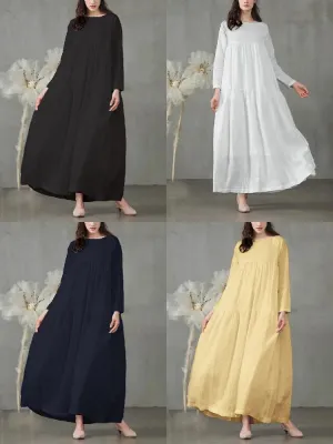 Casual Mustard Yellow Long Sleeve Loose Women Maxi Dress