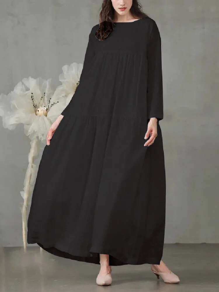 Casual Mustard Yellow Long Sleeve Loose Women Maxi Dress