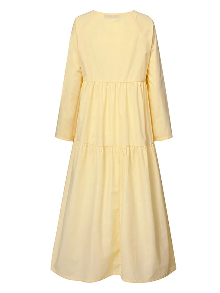Casual Mustard Yellow Long Sleeve Loose Women Maxi Dress