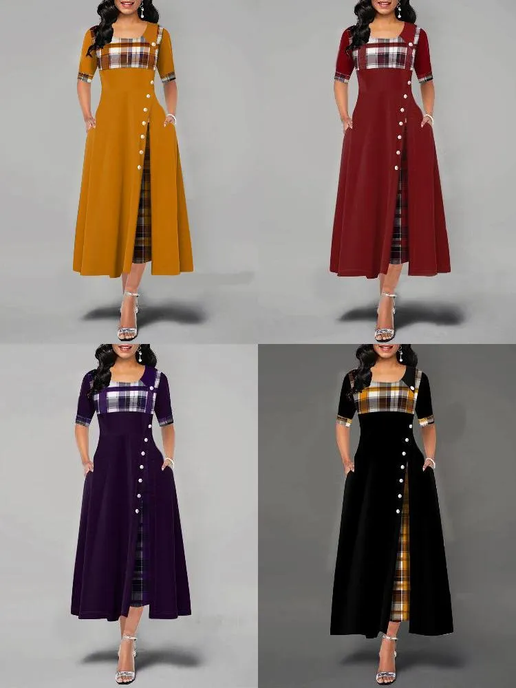 Casual Plaid Patchwork Short Sleeve Split Swing Hem Women Maxi Dress