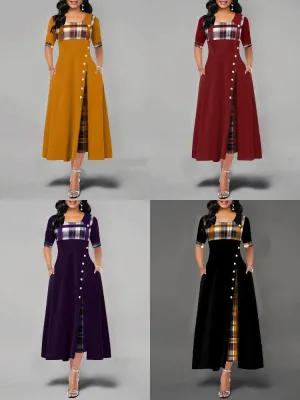 Casual Plaid Patchwork Short Sleeve Split Swing Hem Women Maxi Dress
