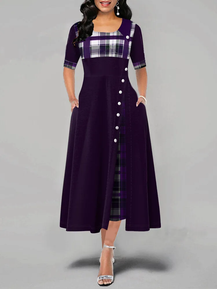Casual Plaid Patchwork Short Sleeve Split Swing Hem Women Maxi Dress