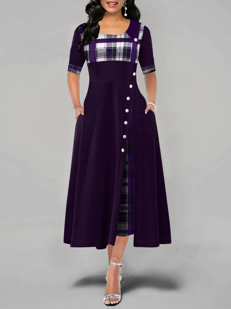Casual Plaid Patchwork Short Sleeve Splited Swing Hem Maxi Dress