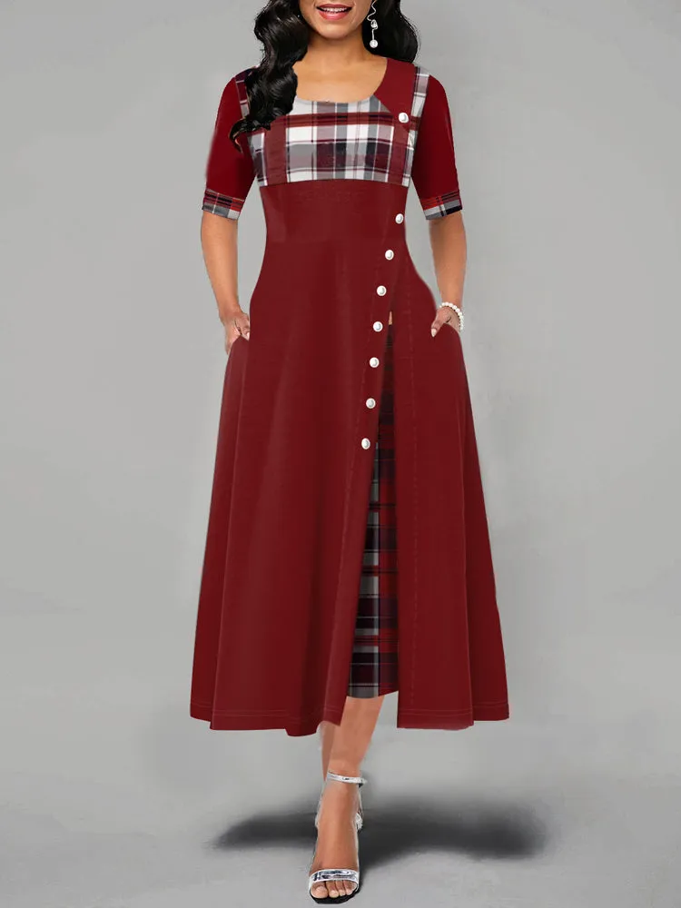 Casual Plaid Patchwork Short Sleeve Splited Swing Hem Maxi Dress