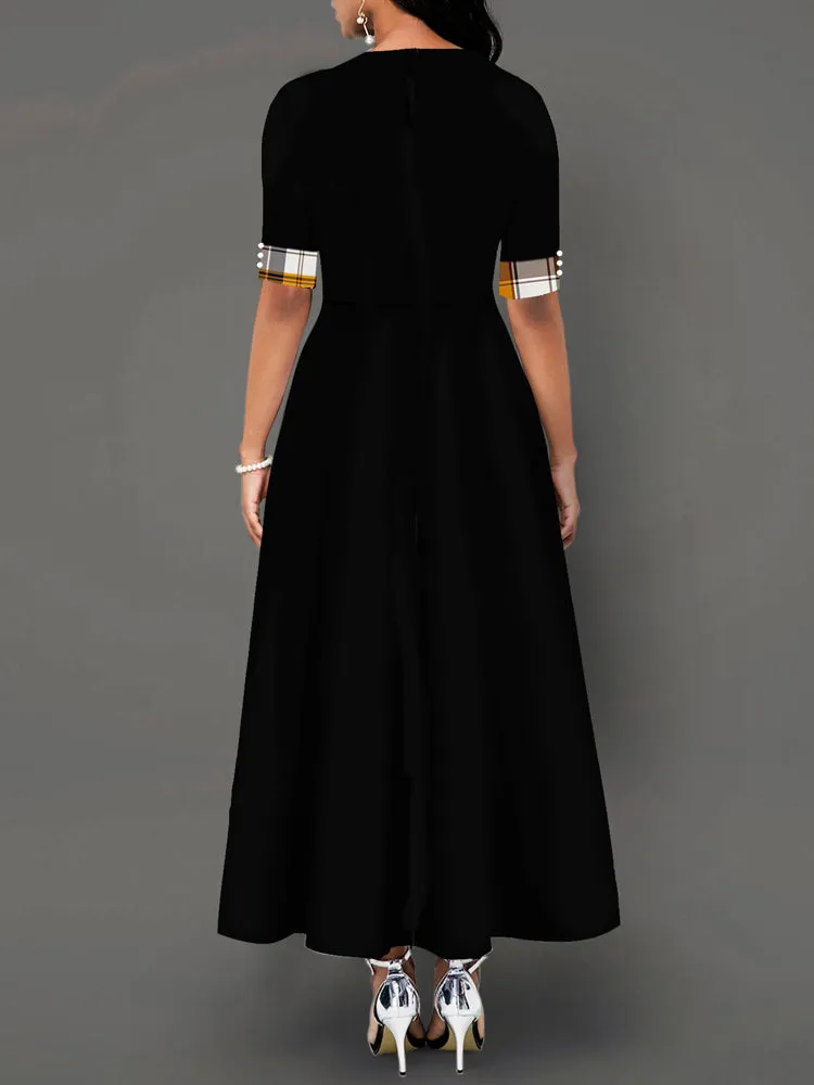 Casual Plaid Patchwork Short Sleeve Splited Swing Hem Maxi Dress