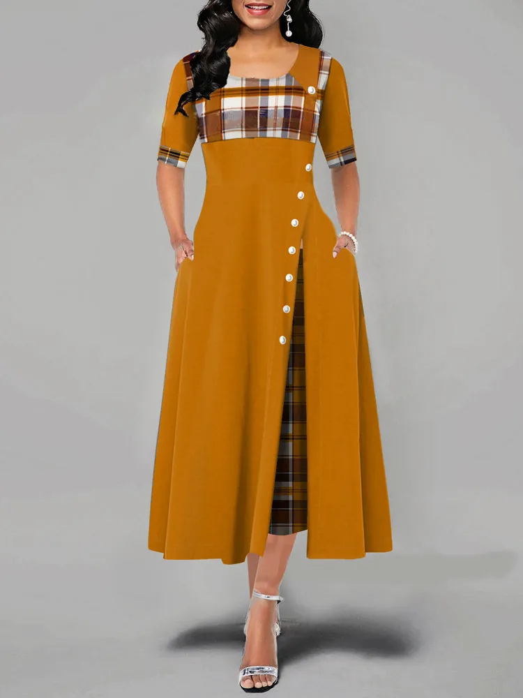 Casual Plaid Patchwork Short Sleeve Splited Swing Hem Maxi Dress