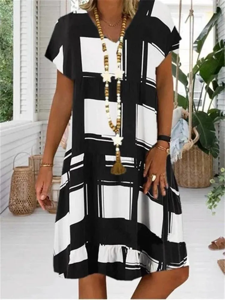 Casual Plaid V-neck Short Sleeve Check Mini Loose Dress
