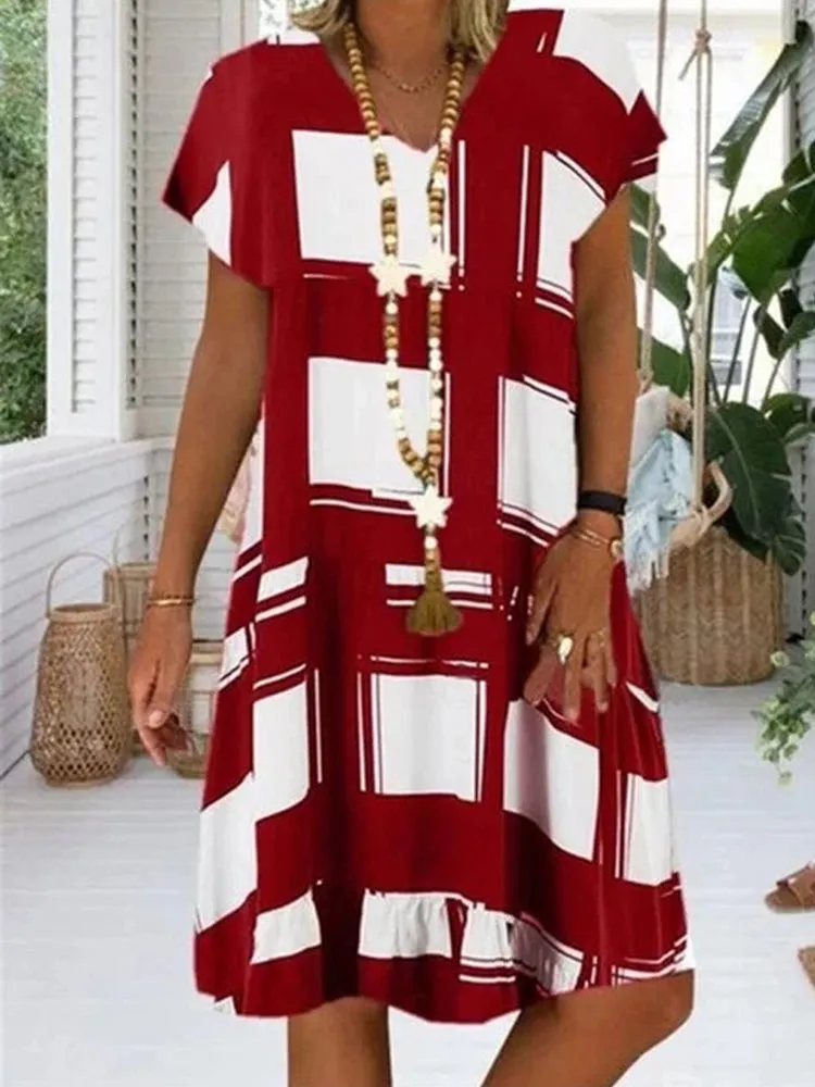 Casual Plaid V-neck Short Sleeve Check Mini Loose Dress