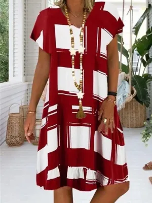 Casual Plaid V-neck Short Sleeve Check Mini Loose Dress