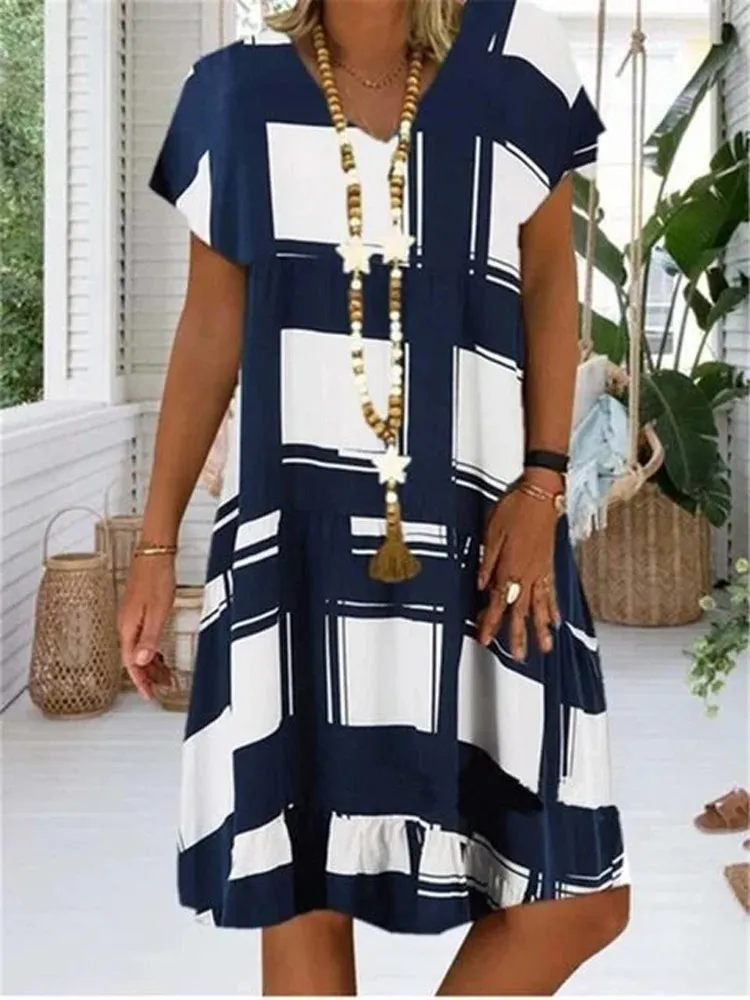 Casual Plaid V-neck Short Sleeve Check Mini Loose Dress