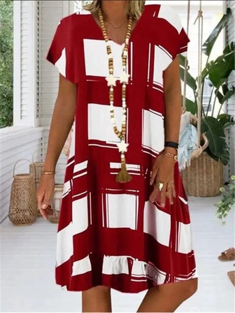 Casual Plaid V-neck Short Sleeve Check Mini Loose Dress