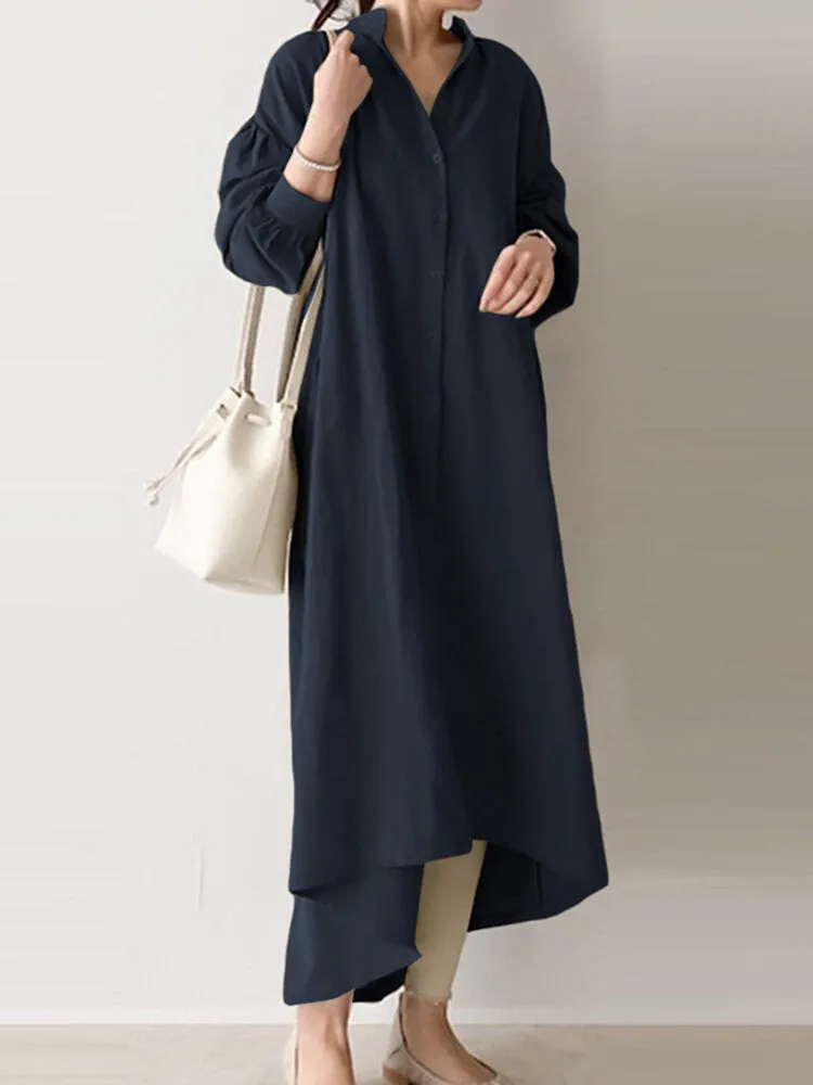 Casual Pure Color Cotton Puff Sleeve Drop Shoulder Loose Women Maxi Dress