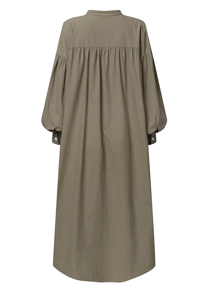 Casual Pure Color Cotton Puff Sleeve Drop Shoulder Loose Women Maxi Dress