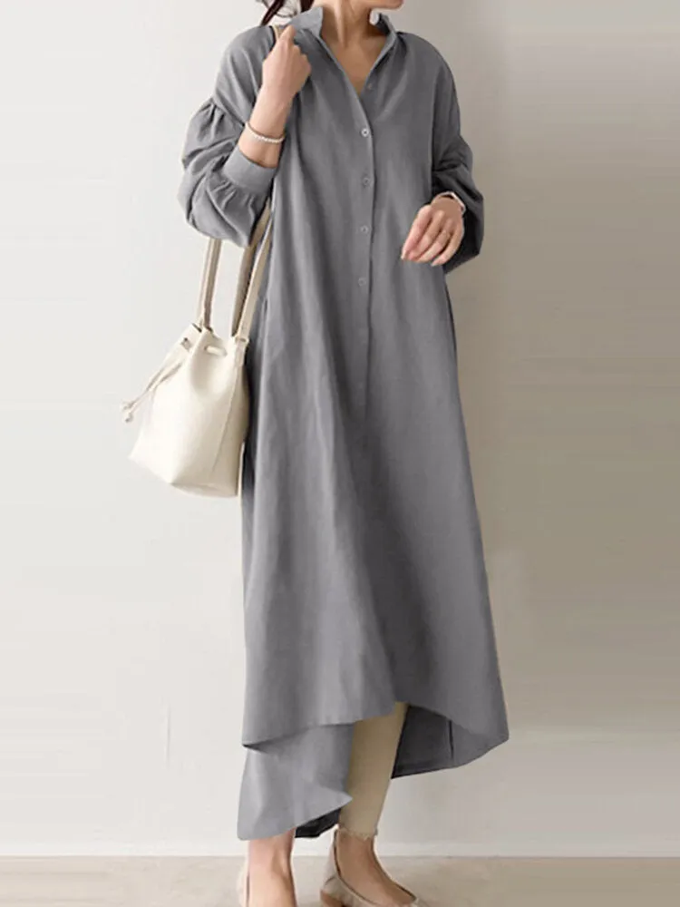 Casual Pure Color Cotton Puff Sleeve Drop Shoulder Loose Women Maxi Dress