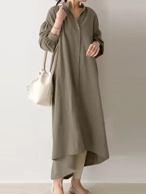 Casual Pure Color Cotton Puff Sleeve Drop Shoulder Loose Women Maxi Dress