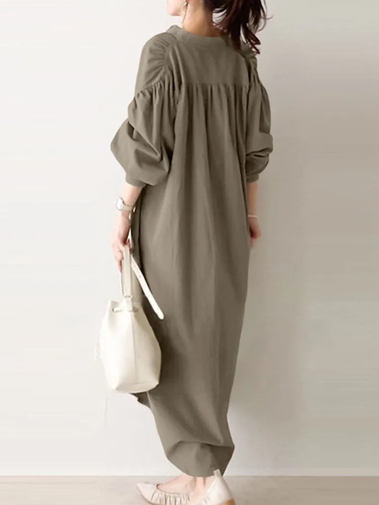 Casual Pure Color Cotton Puff Sleeve Drop Shoulder Loose Women Maxi Dress