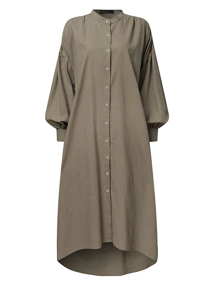 Casual Pure Color Cotton Puff Sleeve Drop Shoulder Loose Women Maxi Dress