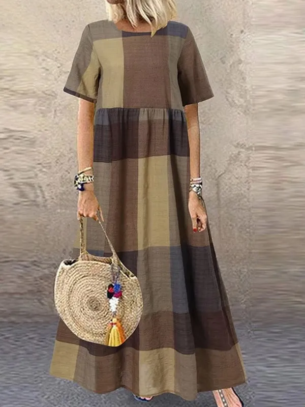 Casual Round Neck Plaid Printed Long Dress