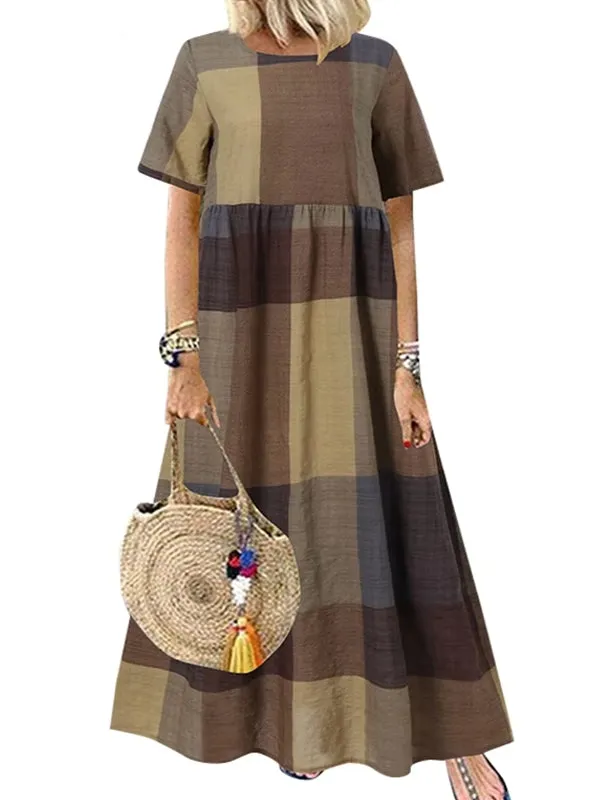 Casual Round Neck Plaid Printed Long Dress
