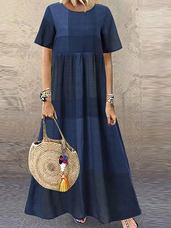 Casual Round Neck Plaid Printed Long Dress