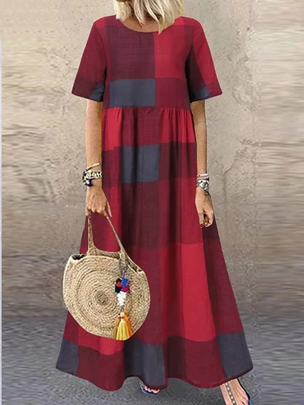Casual Round Neck Plaid Printed Long Dress
