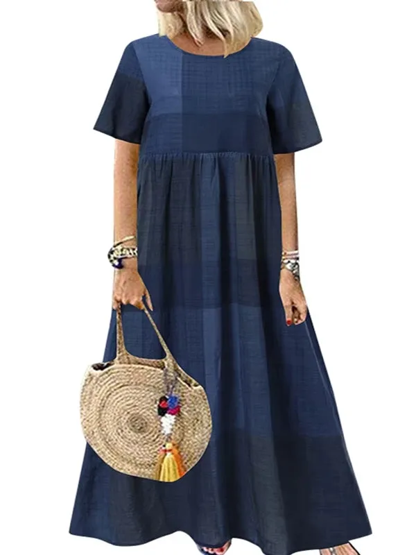 Casual Round Neck Plaid Printed Long Dress