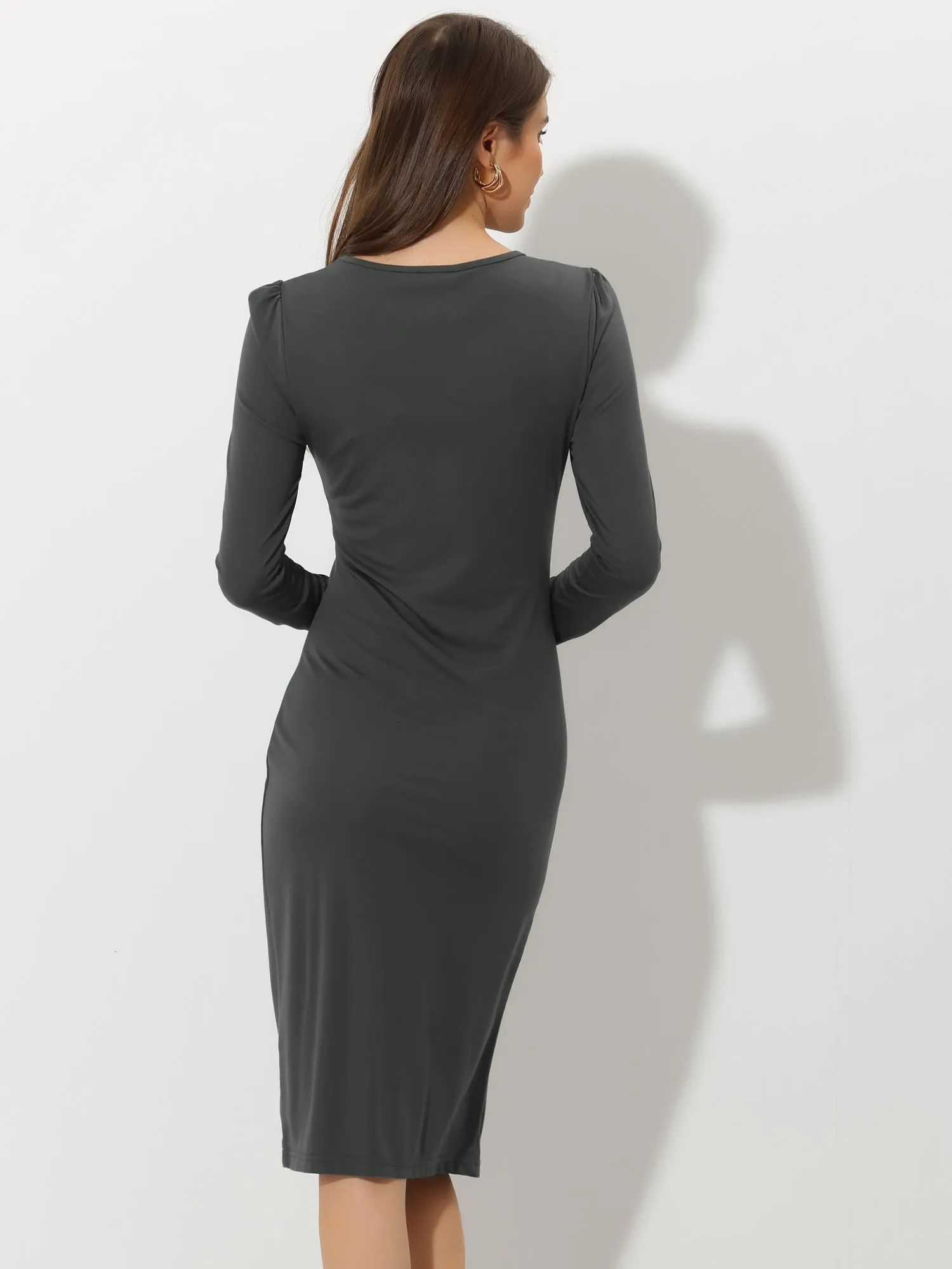Casual Ruched Side Button Decor Long Sleeve Knit Tunic Dress