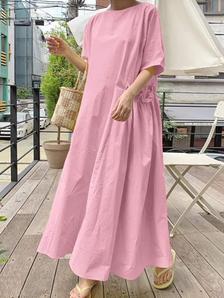 Casual Solid Color Round Neck Pleated Pocket Plain Maxi Dress