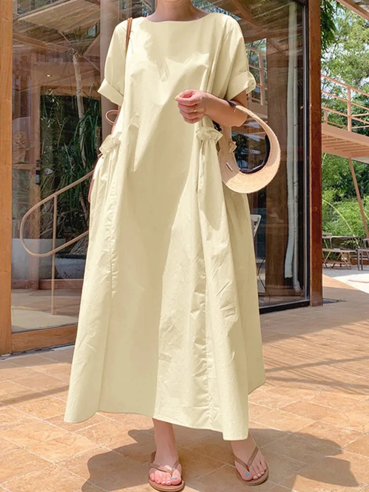 Casual Solid Color Round Neck Pleated Pocket Plain Maxi Dress