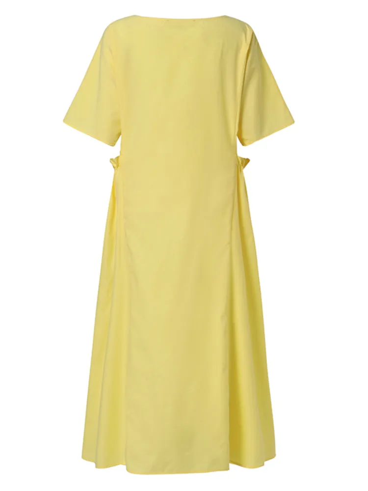 Casual Solid Color Round Neck Pleated Pocket Plain Maxi Dress