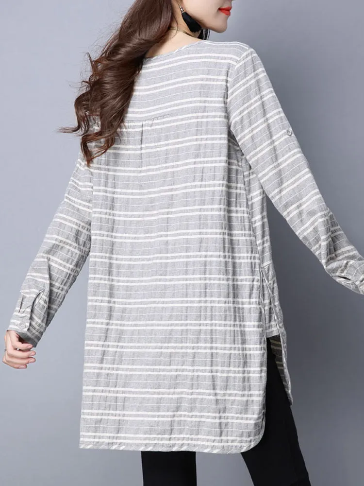 Casual Stripe O-Neck Long Sleeve Loose Split Women Dress