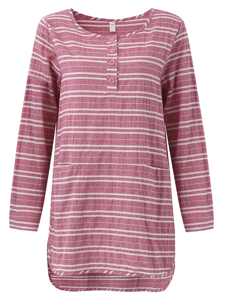 Casual Stripe O-Neck Long Sleeve Loose Split Women Dress