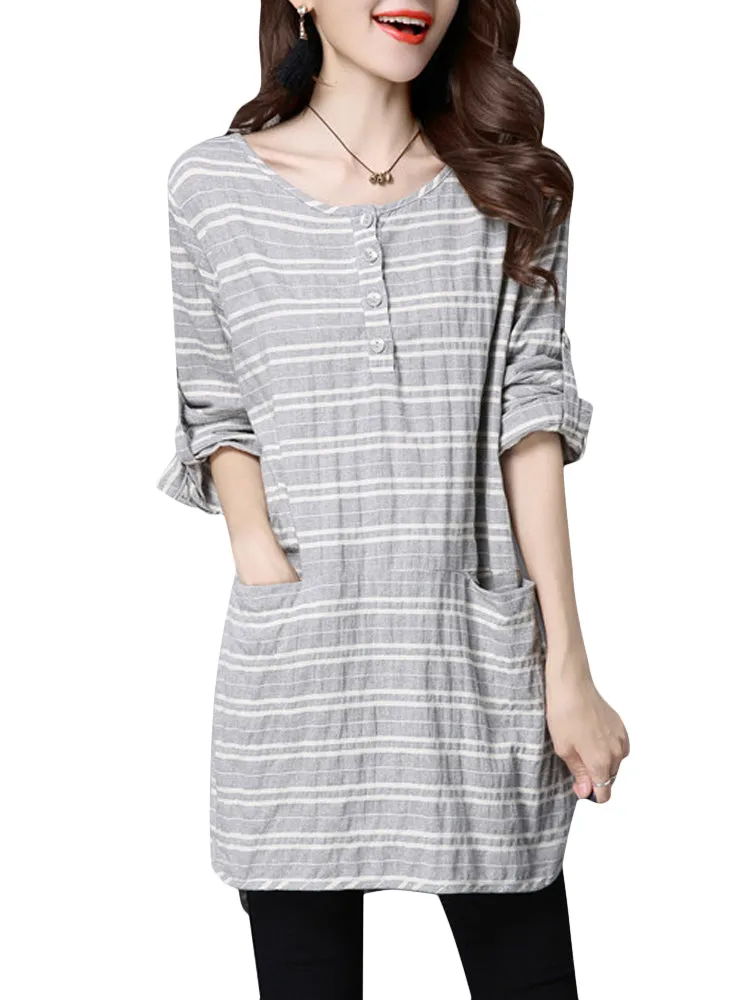Casual Stripe O-Neck Long Sleeve Loose Split Women Dress