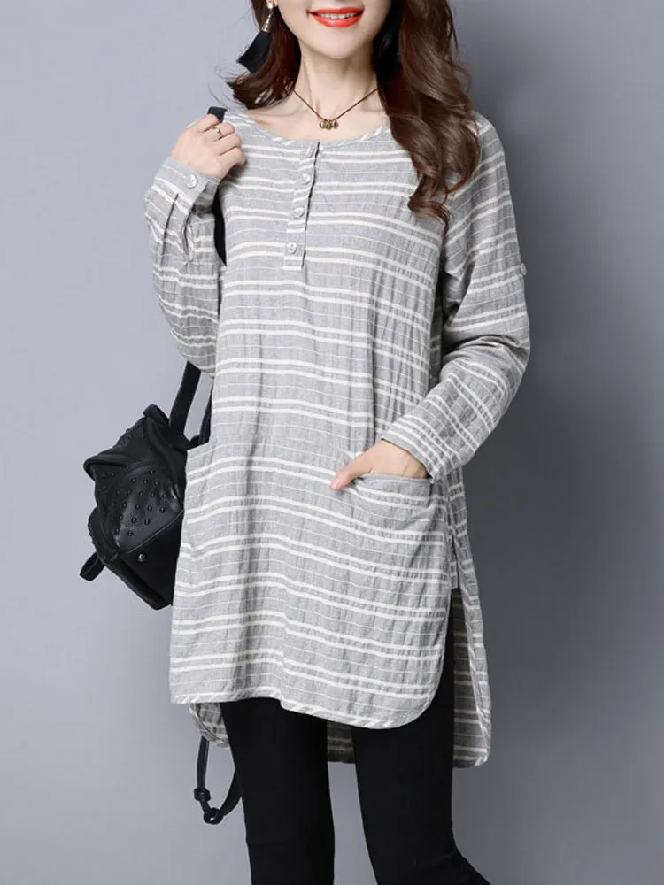 Casual Stripe O-Neck Long Sleeve Loose Split Women Dress