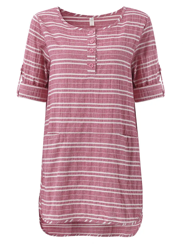 Casual Stripe O-Neck Long Sleeve Loose Split Women Dress