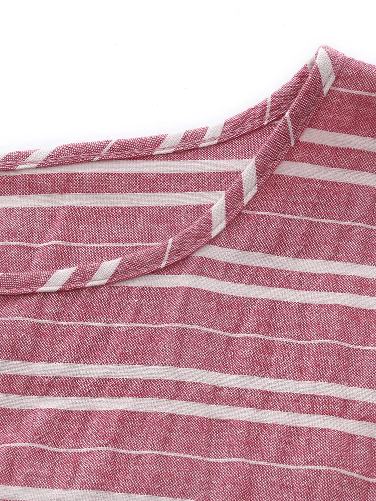 Casual Stripe O-Neck Long Sleeve Loose Split Women Dress