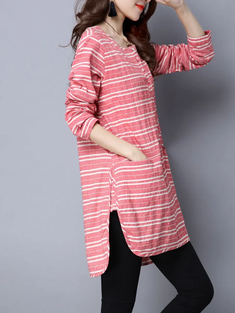 Casual Stripe O-Neck Long Sleeve Loose Split Women Dress