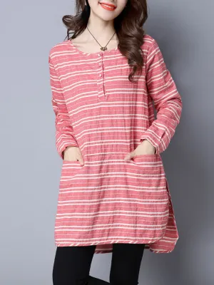 Casual Stripe O-Neck Long Sleeve Loose Split Women Dress