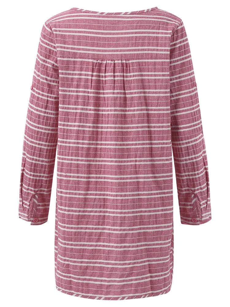 Casual Stripe O-Neck Long Sleeve Loose Split Women Dress