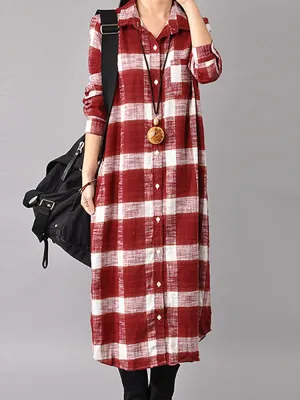 Casual Women Long Sleeve Button Down Plaid Shirt Dress
