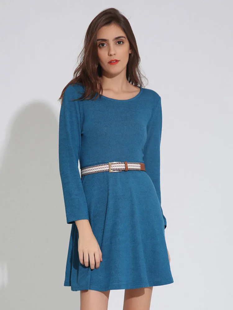 Casual Women Long Sleeve O-Neck Pure Color Mini Dresses