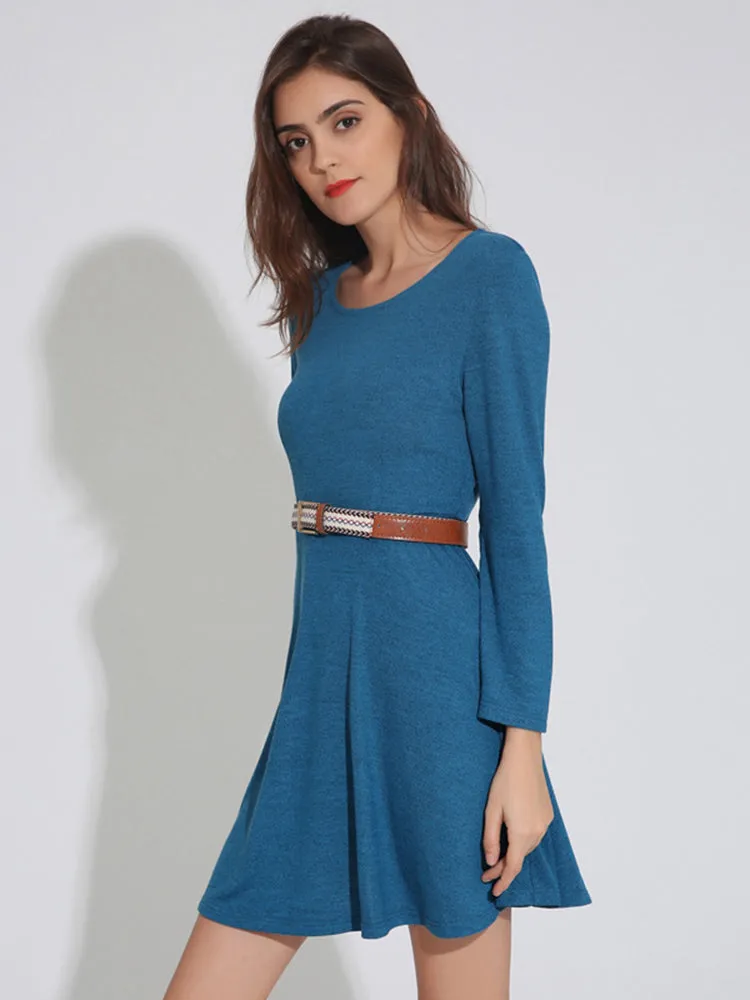 Casual Women Long Sleeve O-Neck Pure Color Mini Dresses