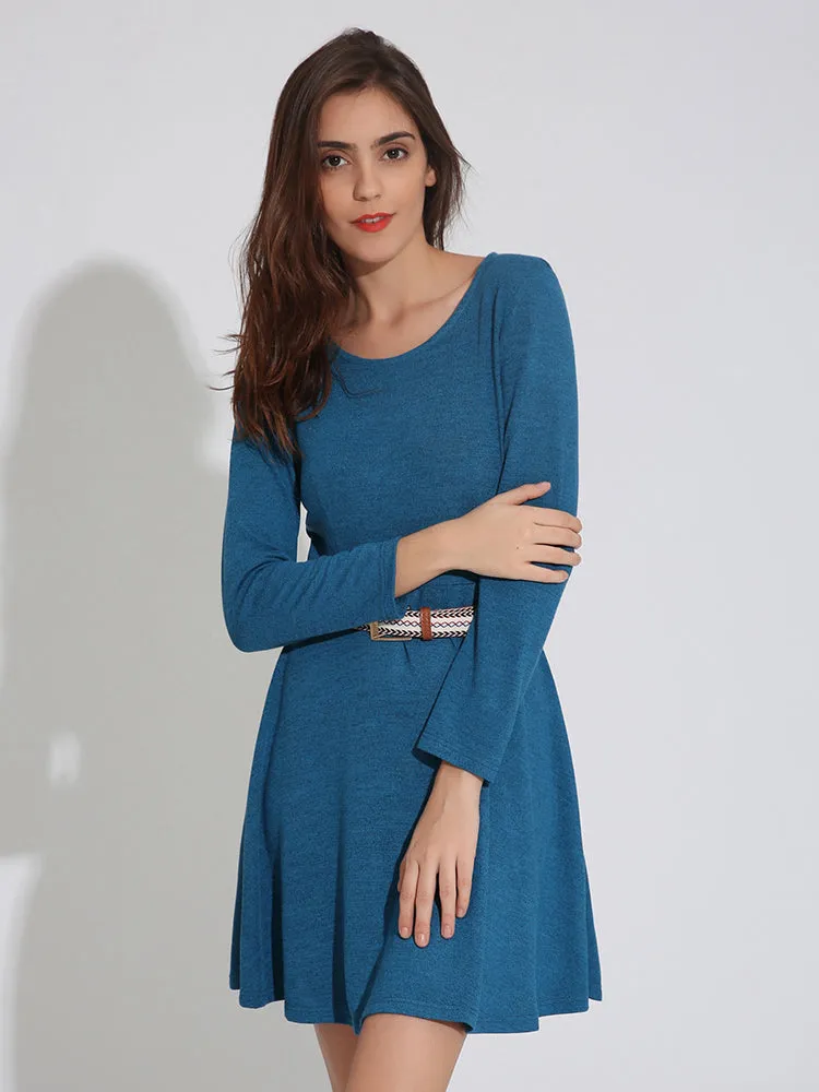 Casual Women Long Sleeve O-Neck Pure Color Mini Dresses