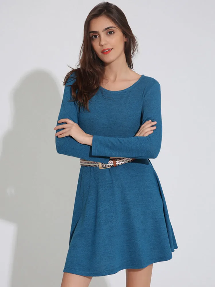 Casual Women Long Sleeve O-Neck Pure Color Mini Dresses