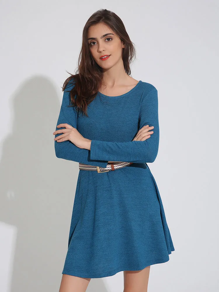 Casual Women Long Sleeve O-Neck Pure Color Mini Dresses