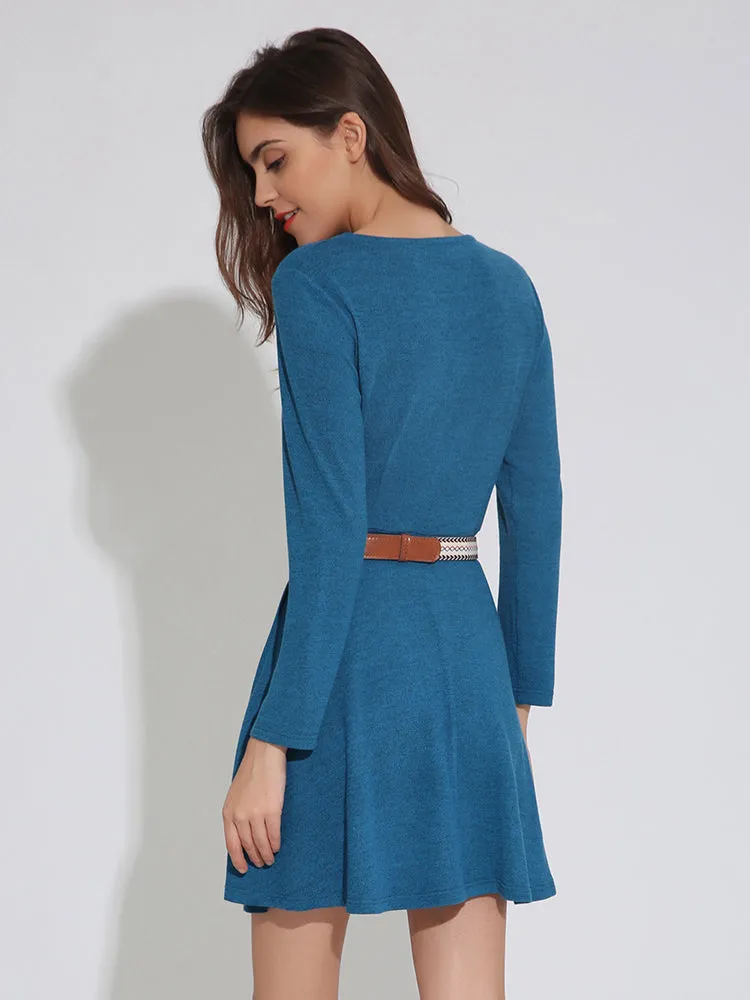 Casual Women Long Sleeve O-Neck Pure Color Mini Dresses