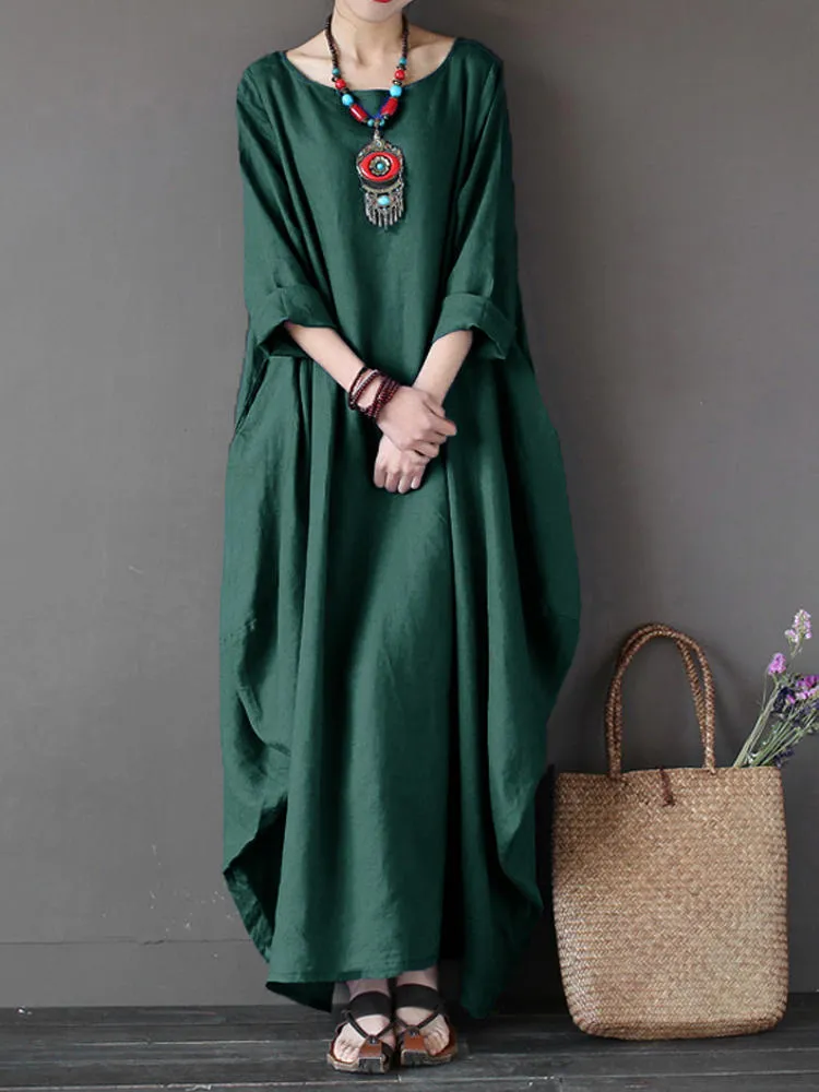 Casual Women Maxi Dress Loose Pure Color Baggy 3/4 Sleeve
